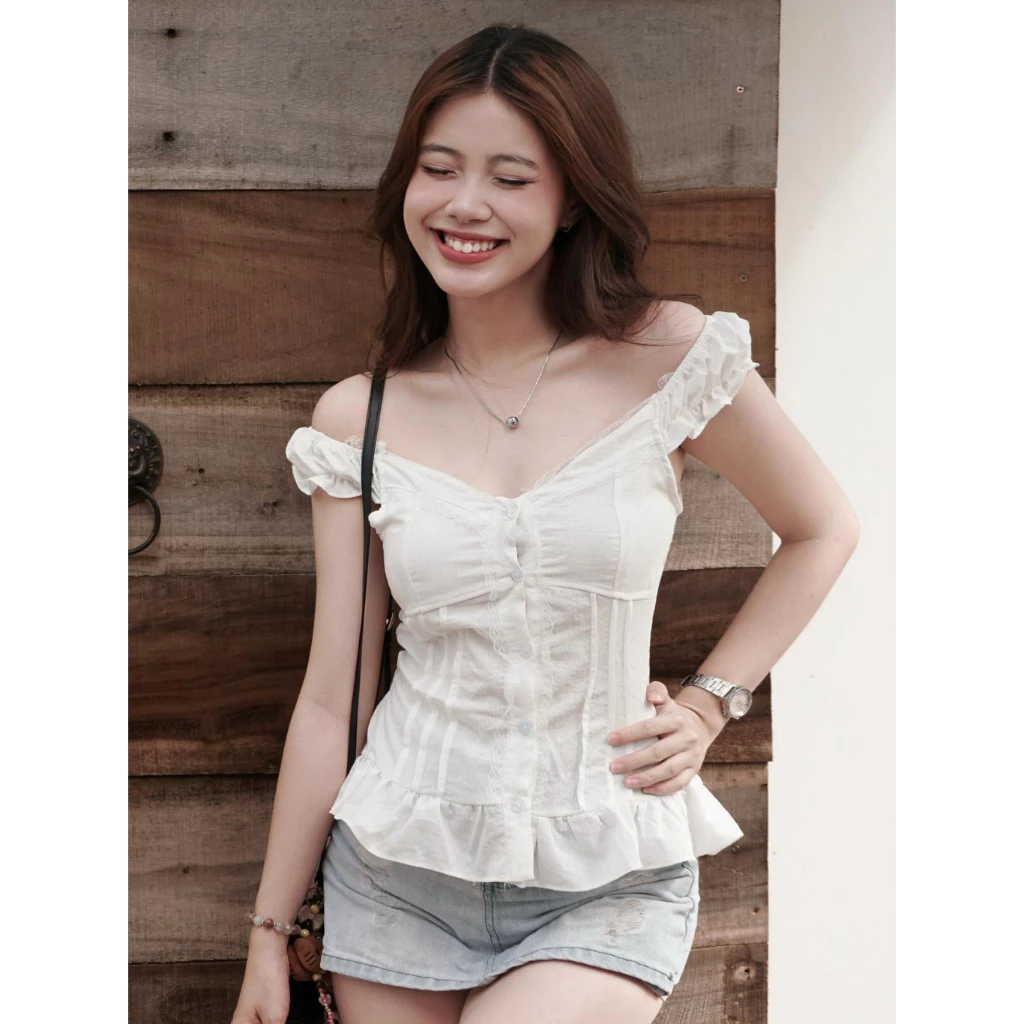 Áo Babydoll Kiểu Xinh Nữ Vạt Xòe Phối Cúc Bọc Vải