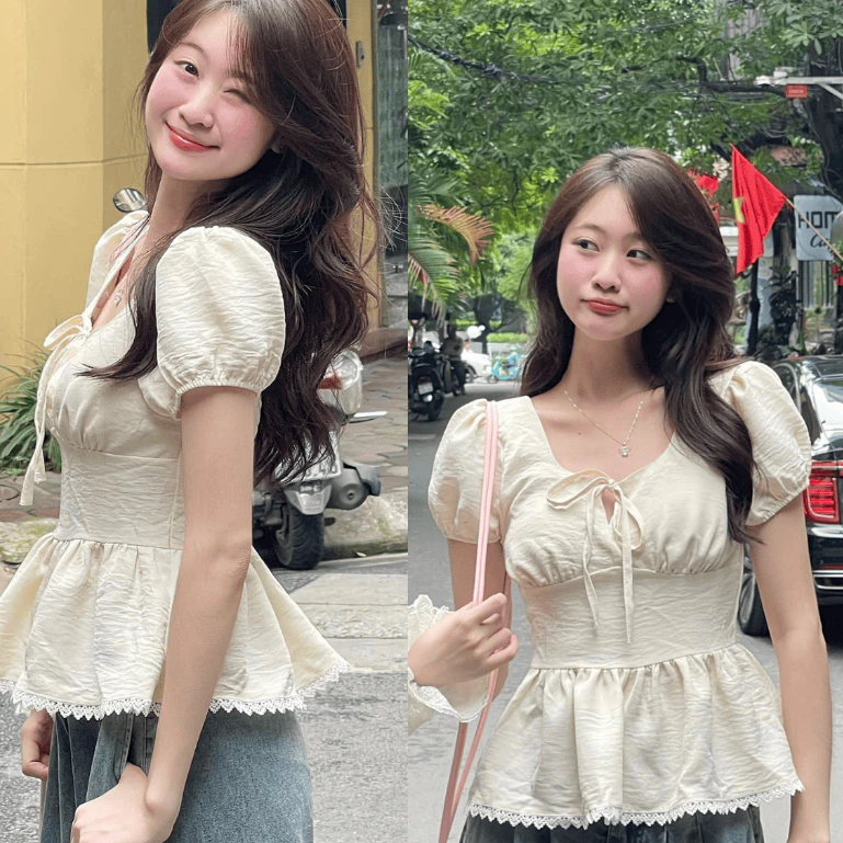 Áo Kiểu Nơ Buộc Bo Eo Tay Bồng Pha Ren A3117