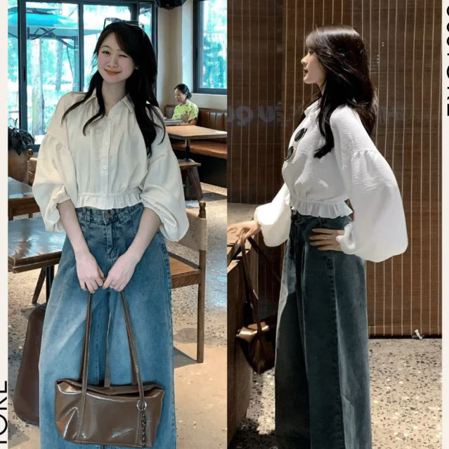 Áo Sơ Mi Dáng Croptop Tay Bồng Chun Dưới A3136